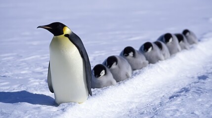Fototapeta premium Emperor Penguin Family Sliding on Snow - A heartwarming of an emperor penguin leading its chicks in a belly slide across pristine white snow. Symbolizing family, unity, playful nature, adventure