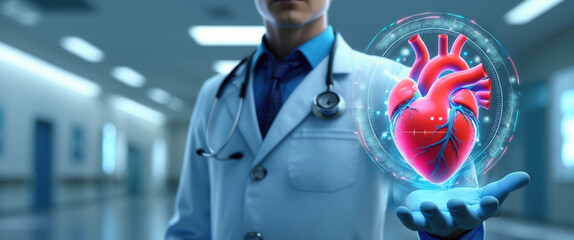 Doctor holding a holographic human heart in a hospital corridor, symbolizing medical innovation and cardiology