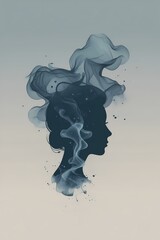 Illustration vectorielle d'une silhouette humaine vue de face entourée d'une brume légère et floue symbolisant la confusion mentale. Fond dégradé doux espace vide en haut et en bas pour l'ajout de ...