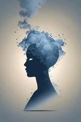Illustration vectorielle d'une silhouette humaine vue de face entourée d'une brume légère et floue symbolisant la confusion mentale. Fond dégradé doux espace vide en haut et en bas pour l'ajout de ...