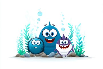 Obraz premium Happy Ocean Friends Cartoon - Three cheerful cartoon sea creatures, a pufferfish, a blob fish, and a shark, smile amidst underwater plants and rocks on a white background