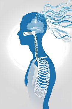 Illustration vectorielle d'une silhouette humaine en profil avec des lignes fluides repr&eacute;sentant le flux d'air entrant et sortant des narines symbolisant la respiration consciente. Fond blanc style...