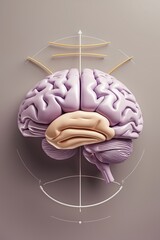 Représentation symétrique d'un cerveau flottant au centre d'un fond neutre avec des lignes douces émanant des deux hémisphères symbolisant l'équilibre mental. Palette de couleurs pastel espace suff...