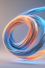 A stylized 3D illustration of muscle fibers in a flowing motion arranged in dynamic curves to represent strength and flexibility. The fibers are glowing with soft blue and orange gradients creating...