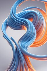 A stylized 3D illustration of muscle fibers in a flowing motion arranged in dynamic curves to represent strength and flexibility. The fibers are glowing with soft blue and orange gradients creating...