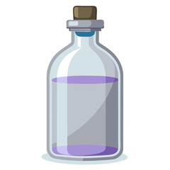 A glass bottle with a brown cork stopper containing purple liquid, featuring transparent glass with light reflections and shadows.