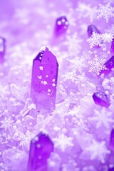 Purple crystals in ice and snowflakes a winterthemed macro shot
