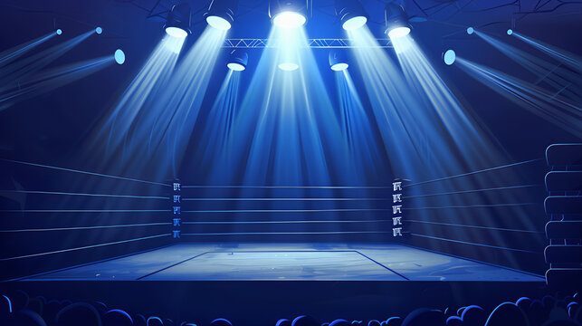 Cyan spotlight boxing ring. Wrestling ring with ropes arena corner. Mma wresting ring squared circle, illuminated by spotlights. Boxing ring empty, professional wrestling arena. 