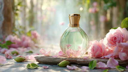 Cardamom and Rose Perfume in Bottle, Scene with Elegant Botanical Composition, Luxury Natural Fragrance Concept, Romantic Scent Still Life with Soft Light and Copy Space.