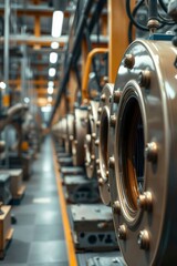 Fototapeta premium Row of large metallic machine components with circular front plates in a blurred industrial setting with overhead lights and yellow accents