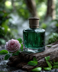 Elegant Green Men’s Perfume with Water Drops on Wood, Fresh Vintage Fragrance Vertical Still Life with Botanical Notes, Masculine Luxury and Nature-Inspired Scent Concept
