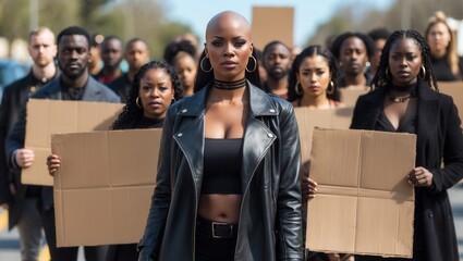 Confident woman leading a diverse group of protesters holding blank cardboard signs outdoors