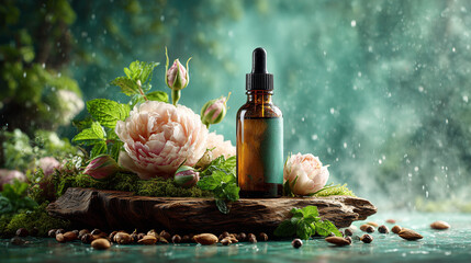 Dark Glass Beauty Oil Bottle on Wooden Surface with Flowers and Spices, Emerald Wall Background, Mysterious Aromatherapy and Serum Skincare Still Life Scene, Mockup.