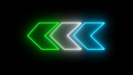 Neon Arrows Pointing Left in Green White and Blue on Black Background