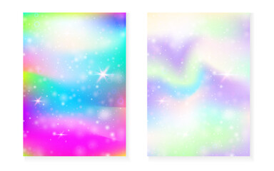 Fototapeta premium Unicorn background with kawaii magic gradient. Princess rainbow hologram. Holographic fairy set. Mystical fantasy cover. Unicorn background with sparkles and stars for cute girl party invitation.