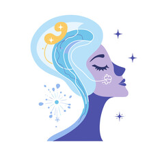 Stylized Profile of Woman with Blue Hair and Starry Mind Illustration Concept