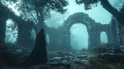Cloaked Figure Standing Among Ancient Ruins in Eerie Foggy Forest