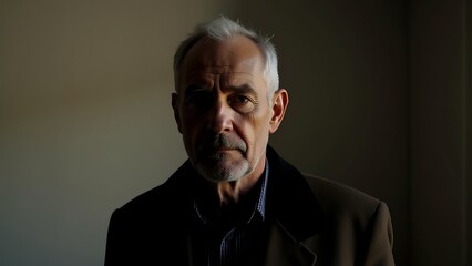 Fototapeta premium Old Man With Calm Expression Wearing Stylish Jacket Cinematic Photography Soft Lit Studio Shoulder Up Natural Focus 