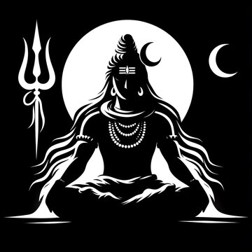 Maha Shivaratri artwork, Shiva in dhyan mudra, sacred Trishul vector, Hindu god silhouette
