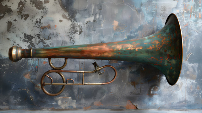 Antique old brass trumpet, horn. French antique horn, Clairon Maison.