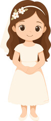 Young girl with long brown hair, wearing a white first communion dress and veil, smiling with hands together in front