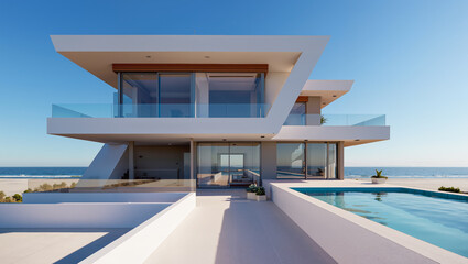 Fototapeta premium Luxury Beachfront Modern Villa with Infinity Pool and Ocean View at Sunset Tropical Paradise