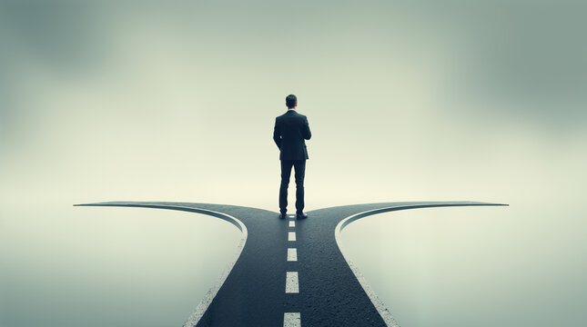 Businessman standing at crossroads fork in road making decision choice between different paths future career direction
