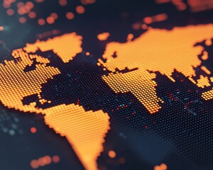 A digital world map with glowing orange and black pixelated effects, representing global technology and connectivity.