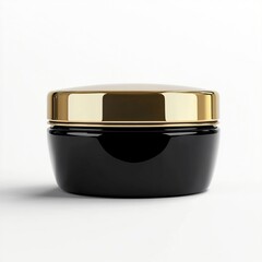 Photo of Black cosmetic cream jar with gold lid isolated on white background