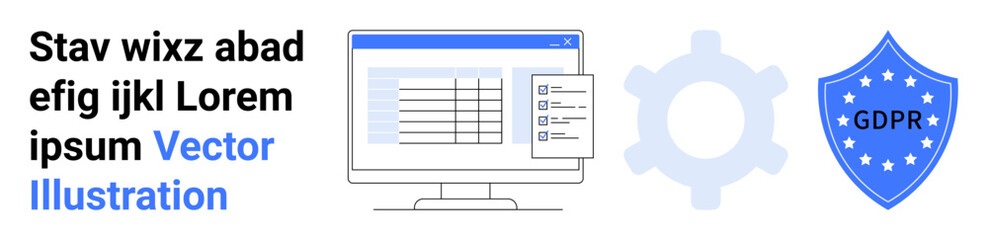 Computer screen showing data table with checklist, gear representing settings, shield marked GDPR. Ideal for data security, compliance, privacy, technology, settings, legal simple landing page