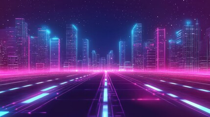 Neon Cityscape with Glowing Buildings and Futuristic Road at Night