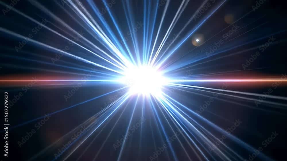 Poster bright white light with blue and orange rays shining in dark space creating radiant and energetic at