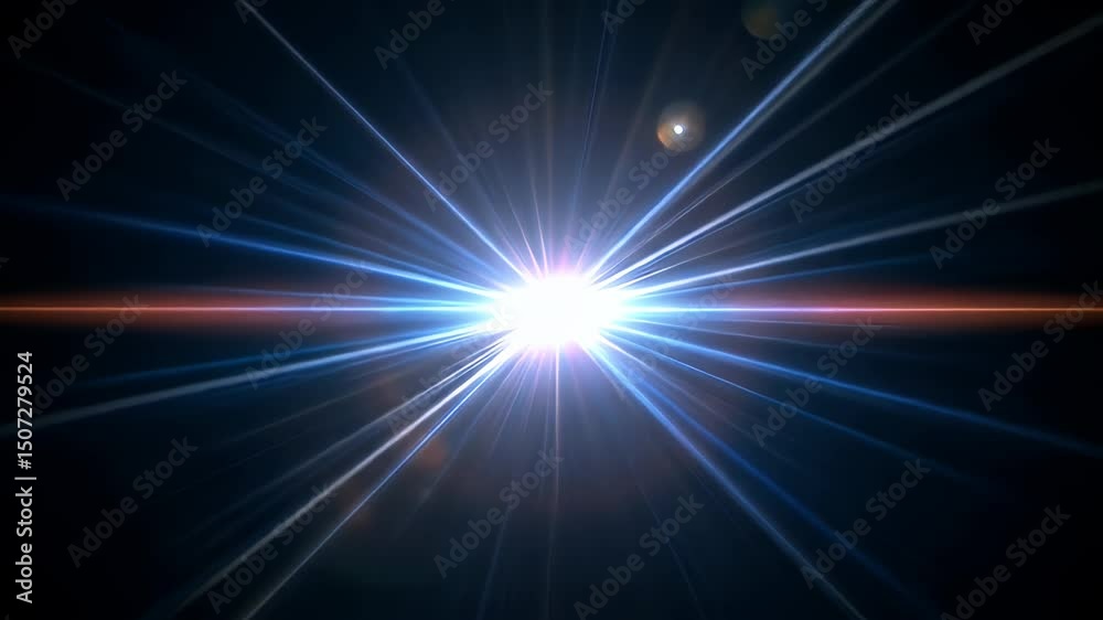 Poster bright white light flare with blue and orange lens rays glowing brightly in dark space creating dram