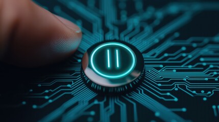 A finger pressing a glowing pause button on a futuristic digital circuit board.