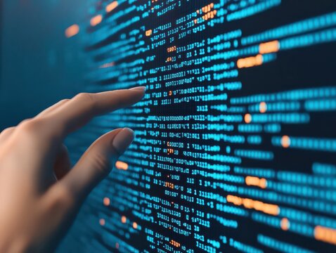 A hand reaches toward a glowing digital screen filled with lines of code and data in blue and orange hues.