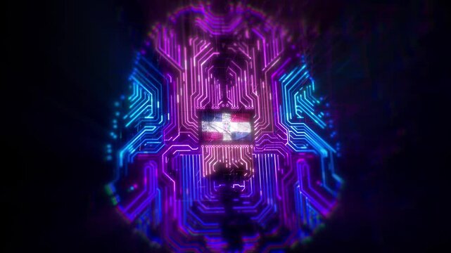 Futuristic AI Neural Engine Brain Chip CPU with Glowing Circuit Lines and Stroke Reveal Animation Powered by Deep Learning Technology and Digital Big Data Flow Made in Republic of Dominica