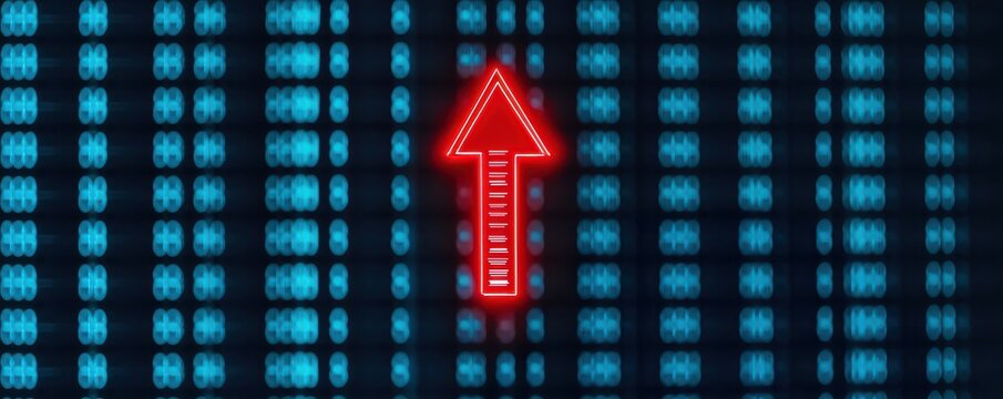 A red arrow points upward over blue binary code, symbolizing digital growth, progress, or rising data trends in technology.