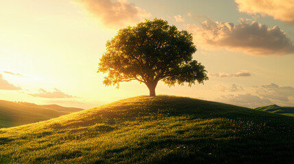 Fototapeta premium A lone tree stands on a grassy hill at sunset, bathed in warm golden sunlight with clouds scattered across the sky.
