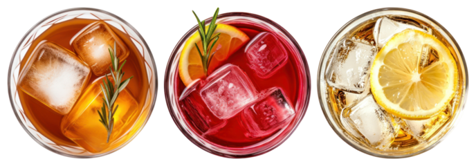 PNG Refreshing colorful drinks with ice, element set on transparent background