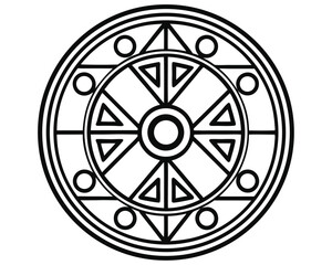 Geometric Mandala Design with Triangles and Circles in a Bold Black and White Line Art Style                                                          