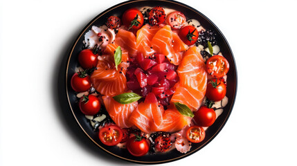 Fresh salmon sashimi, tuna, cherry tomato, basil, rice