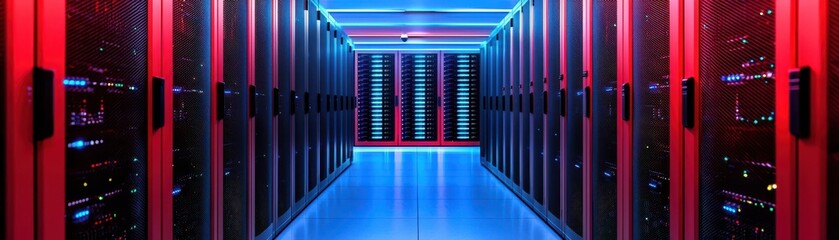 Obraz premium A modern data center corridor with illuminated server racks and vibrant LED lighting.
