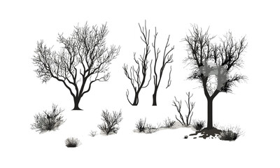 Desert Mesquite Tree Silhouettes, spiky leaves, arid forest scene, low woodland trees, dry climate vegetation, sun-parched nature, rustic design elements, vector illustration.