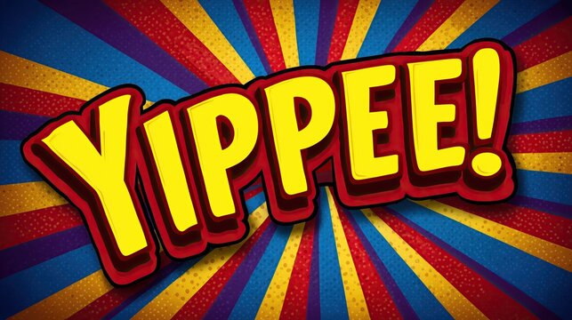 Animated Yippee exclamation on colorful starburst background joy and excitement Celebration!
