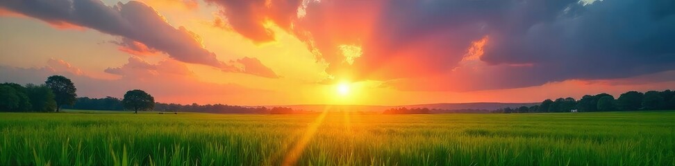 A vibrant sunrise paints the sky over a tranquil, lush green field, representing the dawn of a new beginning, fresh start, and boundless potential , dreams, inspiration, life