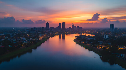 Aerial view of Abidjan, Cote d’Ivoire, featuring a modern skyline with skyscrapers, a waterfront lagoon, and a vibrant sunset reflecting on the cityscape