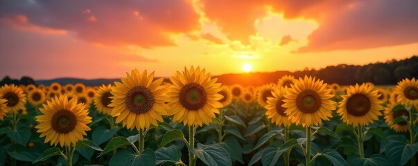 Obraz premium A vibrant sunrise paints the sky as a field of sunflowers basks in the golden light, their faces turned towards the new day A breathtaking display of nature's beauty , majestic, rural, flowers