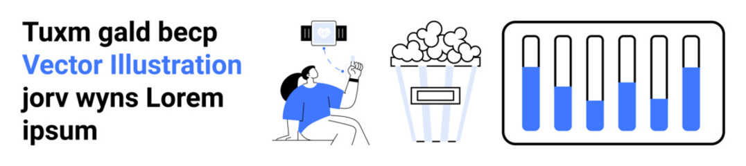 Woman sitting and taking a selfie, bucket of popcorn beside her, and a horizontal chart with bar graph. Ideal for entertainment, social media, data analysis, leisure, lifestyle, technology simple