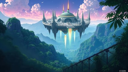 Majestic floating island palace above lush valley