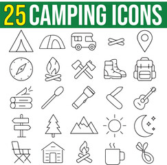 Obraz premium Camping Vector Icons With Editable Stroke, Pixel Perfect. This Set of Icons includes: Tent, Travel Bus, Flash Light, Hiking Boot, Motor Home, Campfire, Picnic, Adventure and Outdoor, Climbing, Fishing